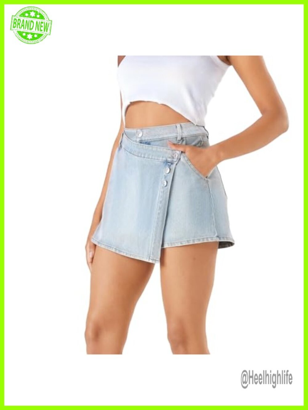 High Waisted Stretchy Denim Skort Asymmetrical Wrap Front Skort